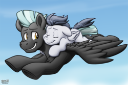 Size: 1076x717 | Tagged: safe, artist:bcpony, rumble, thunderlane, pegasus, pony, g4, brothers, chest fluff, colt, eyes closed, flying, looking back, male, nuzzling, ponies riding ponies, riding, rumble riding thunderlane, sky, spread wings, stallion, wings