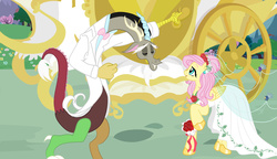Size: 2876x1662 | Tagged: safe, artist:morgwaine, discord, fluttershy, fanfic:bride of discord, g4, carriage, clothes, dress, female, male, ship:discoshy, shipping, straight, wedding dress