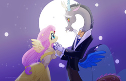 Size: 2564x1664 | Tagged: safe, artist:morgwaine, discord, fluttershy, fanfic:bride of discord, g4, clothes, dress, female, male, moon, ship:discoshy, shipping, straight, tuxedo