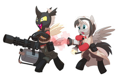 Size: 1170x750 | Tagged: safe, artist:carnifex, oc, oc only, oc:doctiry, oc:platan, alicorn, changeling, pony, :o, alicorn oc, bipedal, broken horn, brown changeling, changeling oc, crossover, heavy weapons guy, hoof hold, horn, medic, medic (tf2), medigun, minigun, open mouth, platiry, smiling, spread wings, team fortress 2, wide eyes, yellow changeling