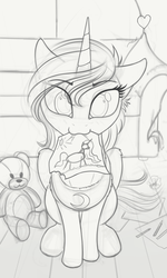 Size: 1152x1920 | Tagged: safe, artist:yakovlev-vad, princess celestia, princess luna, alicorn, pony, g4, drawing, female, filly, heart, monochrome, mouth hold, paper, solo, wip, woona