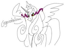 Size: 576x432 | Tagged: safe, artist:sessomesmaru, king sombra, princess cadance, alicorn, pony, g4, dark magic, doodle or die, evil cadance, female, glowing eyes, grin, jewelry, magic, monochrome, possessed, possession, rule 63, simple background, sketch, smirk, solo, sombra eyes, tiara