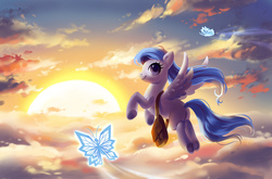 Size: 900x593 | Tagged: safe, artist:fantazyme, oc, oc only, butterfly, pegasus, pony, cloud, cloudy, female, flying, mare, saddle bag, sky, solo, sunset, windswept mane