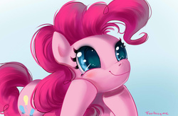 Size: 1008x660 | Tagged: safe, artist:fantazyme, pinkie pie, earth pony, pony, g4, blushing, cute, diapinkes, female, hoof on cheek, hooves on cheeks, looking up, mare, smiling, solo, squishy cheeks