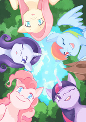 Size: 1181x1670 | Tagged: safe, artist:siam, fluttershy, pinkie pie, rainbow dash, rarity, twilight sparkle, g4, applejack's hat, hat, implied applejack, looking down, smiling, wink