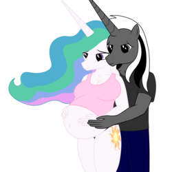 Size: 3000x3000 | Tagged: safe, artist:20thx5150, princess celestia, oc, anthro, g4, anthro oc, belly button, canon x oc, high res, preglestia, pregnant, shipping