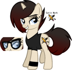 Size: 612x588 | Tagged: safe, artist:br0kenp0nies, oc, oc only, oc:kate, armband, clothes, glasses, paintbrush, palindrome get, pencil, shirt, t-shirt