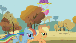 Size: 800x450 | Tagged: safe, edit, edited screencap, screencap, applejack, pinkie pie, rainbow dash, spike, earth pony, pegasus, pony, fall weather friends, g4, season 1, animated, duo, eye contact, female, frame skipping, gif, glare, grin, hot air balloon, levitation, looking at each other, mare, rope, running of the leaves, sliding, smiling, smirk, speed lines, talking, wat