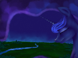 Size: 2000x1500 | Tagged: safe, artist:alicesmitt31, princess luna, alicorn, pony, g4, ethereal mane, eyes closed, female, night, river, scenery, solo, starry mane