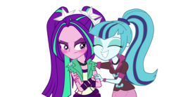 Size: 3276x1808 | Tagged: safe, artist:noahther, aria blaze, sonata dusk, equestria girls, g4, annoyed, blushing, duo, eyes closed, female, grin, simple background, transparent background, tsundaria, tsundere