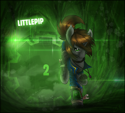 Size: 1732x1575 | Tagged: safe, artist:theomegaridley, oc, oc only, oc:littlepip, pony, unicorn, fallout equestria, clothes, fanfic, fanfic art, female, gun, handgun, hooves, horn, jumpsuit, little macintosh, mare, optical sight, pipboy, pipbuck, revolver, saddle bag, solo, stable (vault), stable 2, stable door, vault, vault suit, weapon