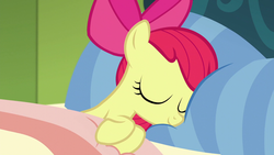Size: 1280x720 | Tagged: safe, screencap, apple bloom, earth pony, pony, bloom & gloom, g4, adorabloom, bed, bedsheets, bow, cute, eyes closed, female, filly, hair bow, pillow, sleeping, solo
