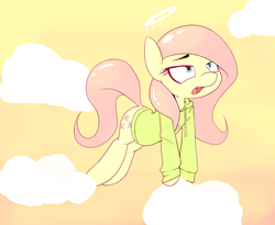 Size: 1920x1577 | Tagged: safe, artist:hoodie, fluttershy, pony, g4, belly, clothes, cloud, female, gradient background, halo, hoodie, sky, solo