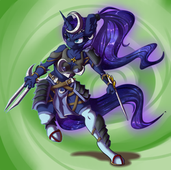 Size: 1600x1591 | Tagged: safe, artist:vicse, princess luna, anthro, unguligrade anthro, g4, alternate hairstyle, armor, armpits, assassin, badass, belts, blade below the shoulder, blades, clothes, ear fluff, female, frown, hairband, loincloth, sandals, socks, solo, straps, weapon