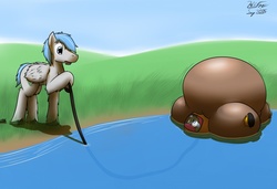 Size: 1280x877 | Tagged: safe, artist:the-furry-railfan, oc, oc only, oc:crash dive, oc:featherweight, pegasus, pony, diving suit, floating, hill, hose, inflation, lake, outdoors, surprised, unshorn fetlocks
