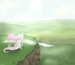 Size: 2300x2000 | Tagged: safe, artist:silbersternenlicht, princess celestia, g4, cliff, female, high res, pink mane, pink-mane celestia, rear view, solo, spread wings