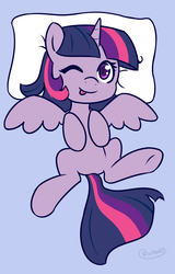 Size: 680x1062 | Tagged: safe, artist:rivibaes, twilight sparkle, alicorn, pony, g4, blue background, cute, female, mare, pillow, simple background, solo, spread wings, twiabetes, twilight sparkle (alicorn)