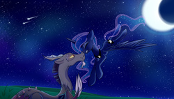 Size: 1600x908 | Tagged: dead source, safe, artist:magnaluna, discord, princess luna, eyes closed, female, flying, lunacord, male, moon, night, nuzzling, shipping, shooting star, smiling, stars, straight