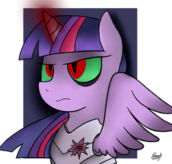 Size: 900x861 | Tagged: source needed, safe, artist:radek1212, twilight sparkle, alicorn, pony, g4, armor, bevor, colored horn, corrupted, curved horn, dark magic, evil, female, flanchards, horn, magic, mare, pauldrant, pauldron, peytral, saddle, solo, sombra eyes, sombra horn, tack, twilight sparkle (alicorn), tyrant sparkle