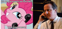 Size: 1183x563 | Tagged: safe, pinkie pie, g4, bacon, david cameron, exploitable meme, meme, phone, piggate, trolling, unamused