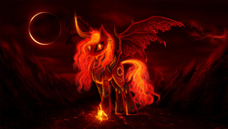 Size: 1920x1080 | Tagged: safe, artist:empalu, oc, oc only, alicorn, bat pony, pony, alicorn oc, eclipse, fire, mane of fire, ouroboros, solo