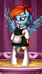 Size: 2160x3840 | Tagged: safe, artist:neko-me, rainbow dash, pegasus, pony, g4, alternate hairstyle, bipedal, blushing, bow, clothes, dock, female, floppy ears, hair bow, high res, maid, mare, nose wrinkle, patreon, ponytail, pose, scrunchy face, socks, solo, thigh highs, underhoof