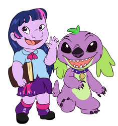 Size: 935x996 | Tagged: safe, artist:audrarius, edit, spike, twilight sparkle, human, equestria girls, g4, book, crossover, disney, humanized, lilo and stitch, style emulation