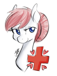 Size: 791x1052 | Tagged: safe, artist:jovalic, nurse redheart, earth pony, pony, g4, black lines, bust, colored pupils, cutie mark, female, mare, nurse redheart's cutie mark, signature, simple background, solo, transparent background