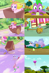 Size: 1924x2880 | Tagged: safe, edit, screencap, granny smith, rarity (g3), spike, dragon, g3, g4, spike at your service, the runaway rainbow, bouncing, cathy weseluck, comparison, crystal princess, happy, hilarious in hindsight, hot air balloon, kite, male, princess rarity, similarities, sparkles, voice actor joke, worried