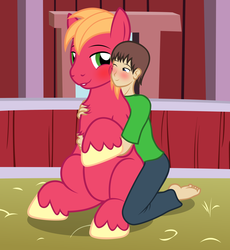 Size: 3448x3741 | Tagged: safe, artist:badumsquish, derpibooru exclusive, big macintosh, oc, oc:anon, oc:generic messy hair anime anon, earth pony, human, pony, g4, barefoot, bedroom eyes, blushing, chest fluff, cuddling, eye contact, feet, from behind, gay, grin, high res, hug, kneeling, male, nuzzling, sitting, smiling, snuggling, stallion, wink