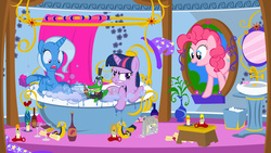 Size: 2333x1312 | Tagged: safe, artist:pixelkitties, derpy hooves, gummy, pinkie pie, trixie, twilight sparkle, alligator, pony, unicorn, g4, angry, bath, bathing, bathtub, bubble, candle, claw foot bathtub, female, frown, glare, gritted teeth, lesbian, mare, open mouth, screaming, ship:twixie, shipping, smiling, wide eyes