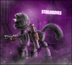 Size: 1732x1575 | Tagged: safe, artist:theomegaridley, oc, oc only, oc:steelhooves, earth pony, pony, fallout equestria, armor, fanfic, fanfic art, gun, male, power armor, rocket launcher, solo, stallion, steel ranger, weapon