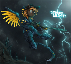 Size: 1732x1575 | Tagged: safe, artist:theomegaridley, oc, oc only, oc:calamity, pegasus, pony, fallout equestria, anti-machine rifle, anti-materiel rifle, armor, dashite, enclave armor, fanfic, fanfic art, flying, gun, hat, hooves, lightning, male, optical sight, power armor, rifle, sniper rifle, solo, spitfire's thunder, spread wings, stallion, text, weapon, wings