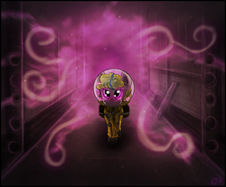 Size: 1477x1224 | Tagged: safe, artist:theomegaridley, oc, oc only, oc:puppysmiles, earth pony, pony, fallout equestria, fallout equestria: pink eyes, angry, crying, fanfic, fanfic art, female, filly, foal, hazmat suit, hooves, looking at you, pink cloud (fo:e), radiation suit, saddle bag, solo