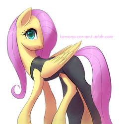 Size: 800x806 | Tagged: safe, artist:grissaecrim, fluttershy, g4, scare master, black dress, clothes, costume, dress, female, hair over one eye, little black dress, long legs, looking at you, nightmare night costume, slender, solo, tallershy, thin