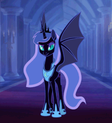 Size: 540x593 | Tagged: safe, artist:anima-dos, artist:duo cartoonist, artist:lionheartcartoon, nightmare moon, alicorn, bat pony, bat pony alicorn, pony, the moon rises, animated, armor, bat wings, bedroom eyes, candle, castle, crown, cute, ethereal mane, evil laugh, eyeshadow, fangs, female, flapping, gif, grin, horn, jewelry, laughing, looking at you, makeup, mare, moonabetes, moonbat, open mouth, raised eyebrow, raised hoof, redesign, regalia, slit pupils, smiling, smirk, smooth as butter, solo, spread wings, unshorn fetlocks, wings