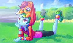 Size: 1920x1136 | Tagged: safe, artist:halem1991, rainbow dash, scootaloo, human, pegasus, pony, equestria girls, g4, clothes, color porn, cute, cutealoo, dashabetes, halem1991 is trying to murder us, hoodie, ponies riding humans, pony hat, riding, scootaloo riding rainbow dash, scootalove