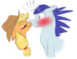 Size: 860x660 | Tagged: safe, artist:prettypinkpony, applejack, oc, oc:constance everheart, earth pony, pony, g4, blushing, canon x oc, duo, everjack, female, floppy ears, heart, kissing, male, shipping, straight, surprise kiss, surprised