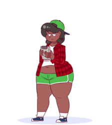 Size: 984x1094 | Tagged: safe, artist:secretgoombaman12345, oc, oc only, oc:cherry soda, human, backwards ballcap, baseball cap, belly button, chubby, clothes, fat, game boy, hat, humanized, humanized oc, shirt, shorts, solo, video game