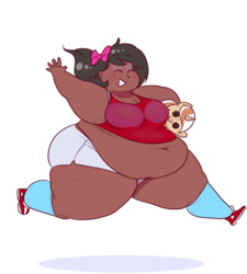 Size: 984x1094 | Tagged: safe, artist:secretgoombaman12345, oc, oc only, oc:cherry creme fudge, oc:cherry soda, human, belly, belly button, bow, clothes, fat, hair bow, humanized, humanized oc, obese, plushie, running, shorts, solo, vest