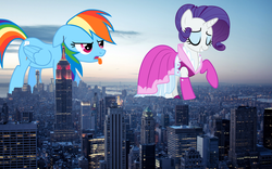 Size: 2560x1600 | Tagged: safe, artist:vamponylovers, rainbow dash, rarity, pony, g4, city, clothes, dress, empire state building, fashion, giant pony, highrise ponies, irl, new york city, photo, ponies in real life