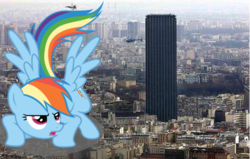 Size: 596x378 | Tagged: safe, artist:vamponylovers, rainbow dash, pony, g4, building, city, giant pony, giant rainbow dash, helicopter, highrise ponies, irl, jet, paris, photo, ponies in real life