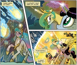 Size: 1833x1551 | Tagged: safe, idw, official comic, gusty the great, princess celestia, professor inkwell, alicorn, pony, unicorn, g4, spoiler:comic, spoiler:comicm08, comic, epic, female, fight, force field, mare, teamwork, unity