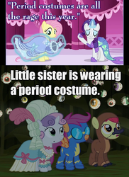Size: 700x960 | Tagged: safe, screencap, apple bloom, fluttershy, rarity, scootaloo, sweetie belle, platypus, g4, scare master, clothes, costume, dress, goggles, image macro, meme, mermarity, nightmare night, observation, period costume, powdered wig, rarity's mermaid dress, victorian dress, wonderbolts uniform