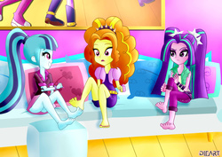 Size: 3507x2481 | Tagged: safe, artist:dieart77, adagio dazzle, aria blaze, sonata dusk, equestria girls, g4, barefoot, clothes, commission, couch, feet, fingerless gloves, gloves, group, high res, nail polish, open mouth, request, signature, skirt, the dazzlings, toenail polish, toenails, toes, trio