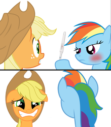 Size: 1023x1168 | Tagged: safe, artist:蘋果花, applejack, rainbow dash, g4, female, implied magical lesbian spawn, lesbian, pregnancy test, pregnancy test meme, ship:appledash, shipping