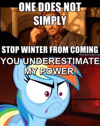 Size: 500x632 | Tagged: safe, rainbow dash, pegasus, pony, g4, tanks for the memories, boromir, crossing the memes, do i look angry, female, image macro, mare, meme, one does not simply walk into mordor, sean bean, star wars, star wars: revenge of the sith