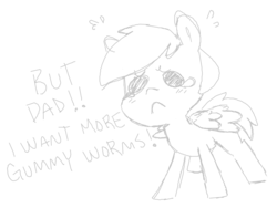 Size: 3807x2865 | Tagged: artist needed, safe, oc, oc only, oc:anon, oc:tweet, bird pone, angry, crying, cute, gummy worm, high res, monochrome, parenting, sketch