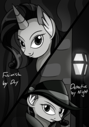 Size: 1400x2000 | Tagged: safe, artist:novaspark, rarity, g4, rarity investigates, black and white, detective, detective rarity, ear fluff, female, grayscale, monochrome, solo