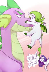 Size: 1000x1474 | Tagged: dead source, safe, artist:skitea, rarity, spike, oc, oc:tanzanite, dracony, dragon, hybrid, g4, boop, cute, eye contact, father and son, female, hug, interspecies offspring, male, marshmelodrama, noseboop, offspring, older, older spike, open mouth, overprotective, parent:rarity, parent:spike, parents:sparity, ship:sparity, shipping, smiling, speech bubble, straight, wide eyes, worried